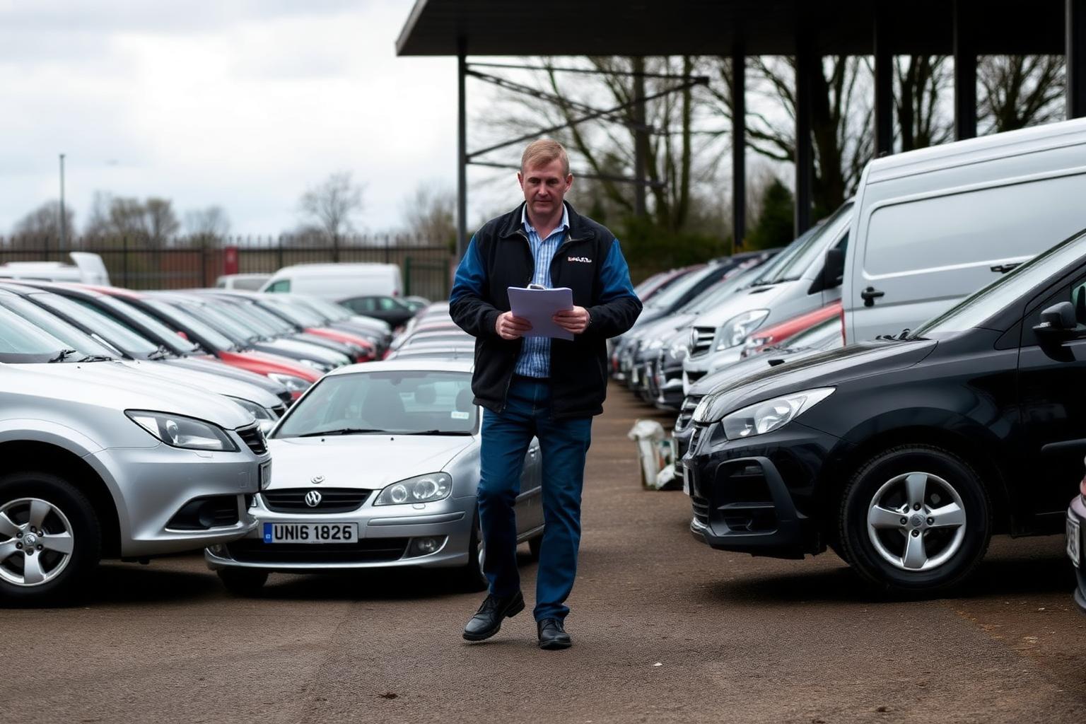 Rows of vehicles at a UK auction collection site