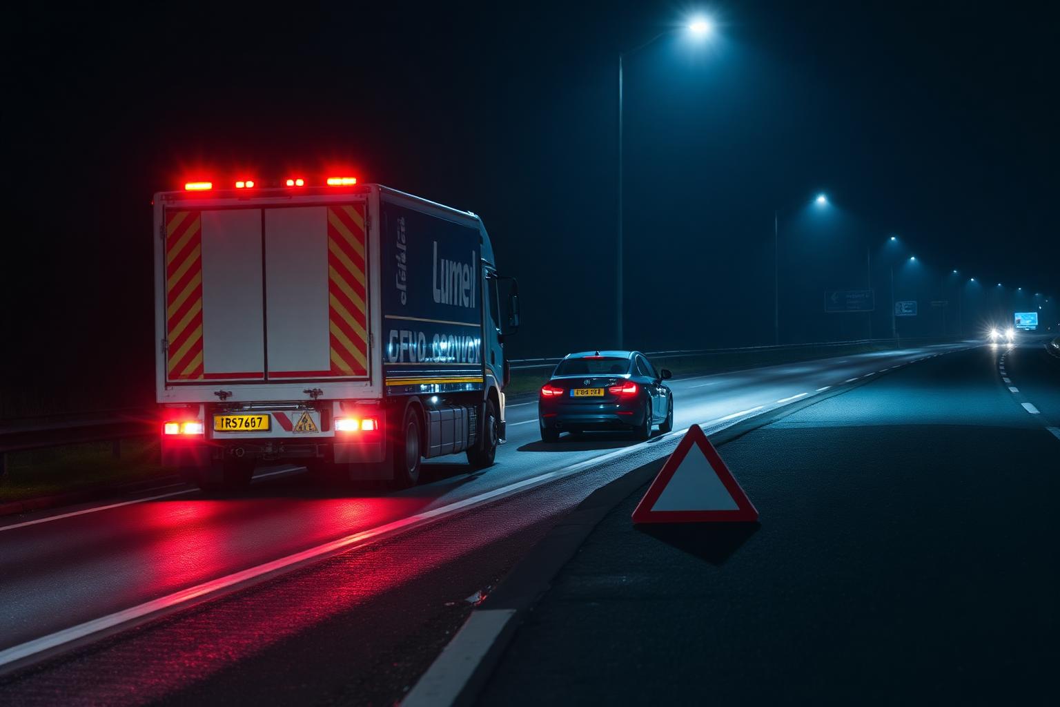 Cat's Recovery flatbed truck attending a broken-down car on a UK roadside at night
